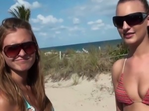 Two bikini babes nailed in the van for cash