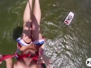 Massive boobs babes try out parasailing and big bike riding in nude