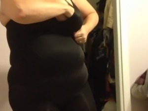 wife covering her big tits, bbw body with black girdle