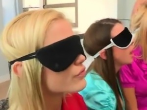 Blindfolded girls enjoy cock in mouth