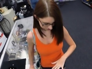 Hot babe in glasses gets her pussy fucked at the pawnshop