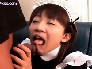 Asian maid licking cock and getting cumshot