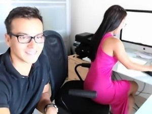 Dweeb sets up the webcam to film a hot brunette getting nak