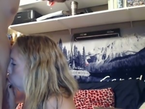 Blond haired slutty ordinary looking blond head sucked her man on webcam