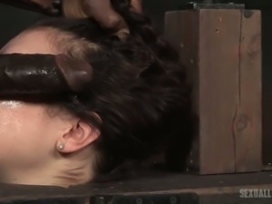 Hot and cute white brunette fixed in pillory and facefucked with BBC