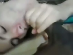 Blonde white sexpot giving deepthroat blowjob in interracial homemade video