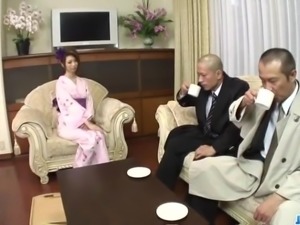 Kimono girl, Rinka Kanzaki, deals two massive cocks