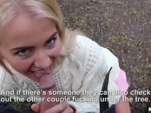 Buxom and captivating blondie gets fucked from behind in the park