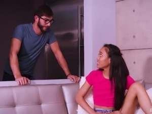 Sweet bright Asian cutie Aria Sky takes stiff dick in her mouth for a BJ