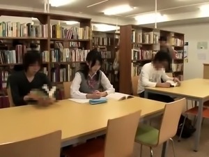 Two beautiful Japanese teens getting banged in the library