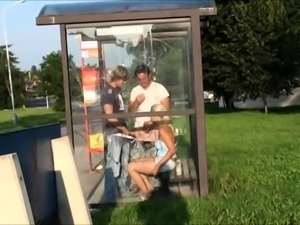 Slutty blonde teen gets used by two boys in a public place
