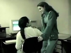 Naughty amateur brunettes enjoying a lesbian romance at work
