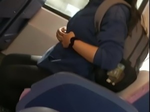 Hot brunette watches erection bulge in train