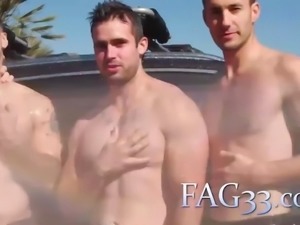 Amazing gay foursome after car wash in their garden