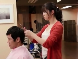 Sweet Japanese hairdresser having wild sex with a customer