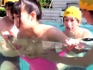 Lovely Asian cutie gets used by three horny guys in the pool