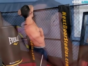 Muscular jock takes off jockstrap before being jerked off to cum