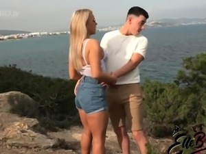 Horny blonde with big tits pounded doggystyle outdoors