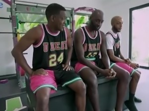 2 Sexy Busty Blonde MILFs Have Fun With Black Baseball Team Guys In the Gym (DP)
